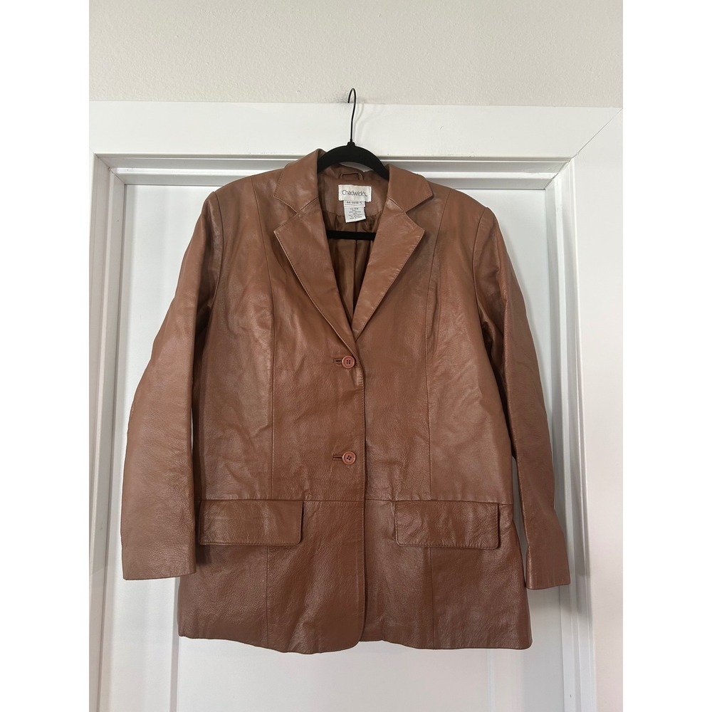 Chadwicks Brown Leather Blazer Jacket Womens 14W Cognac 2 Button Lined